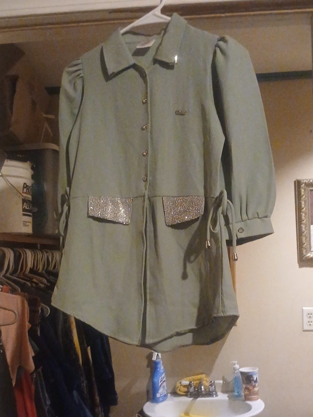 Olive Green Women's Jacket with Embellished Pockets
